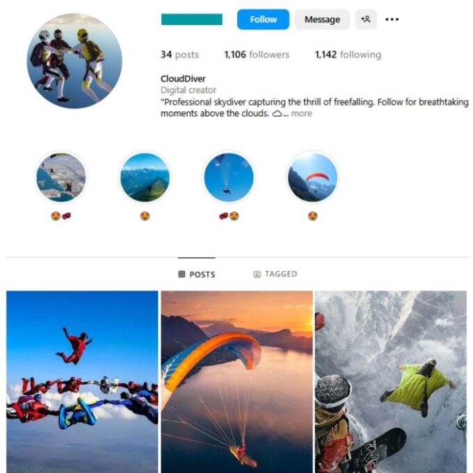 1K Paragliding Skydiving Instagram Account for sale