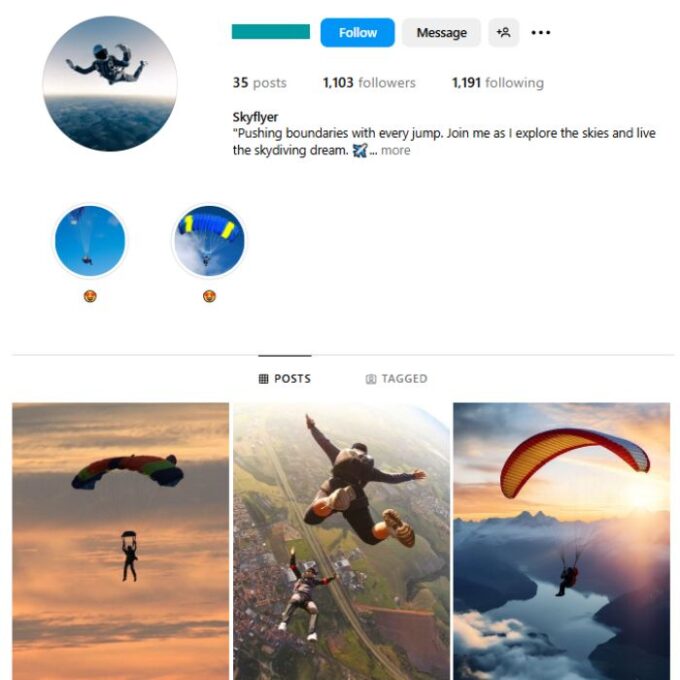 1K Skydiving Adventure Instagram Account for sale