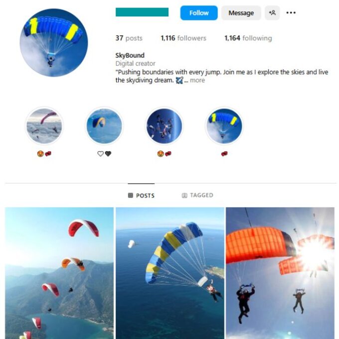 1K Skydiving Adventure Instagram Account for sale