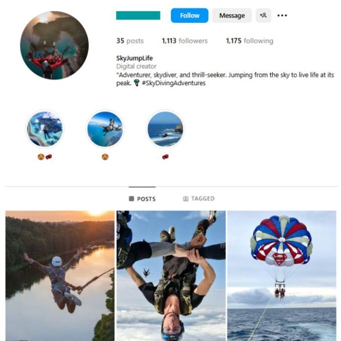 1K Skydiving Sports Instagram Account for sale