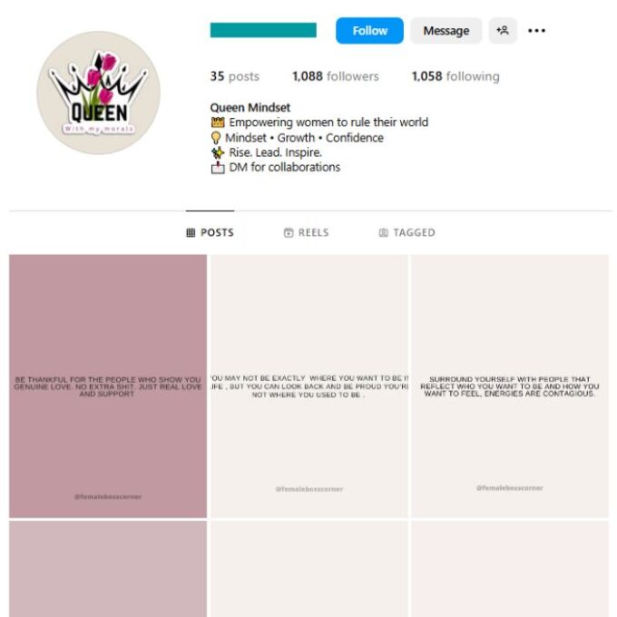 1K Women's Motivation Instagram Account for sale
