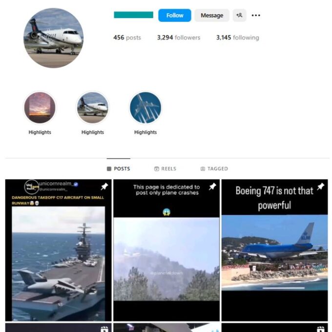 3K Aviation Jets Instagram Account for sale