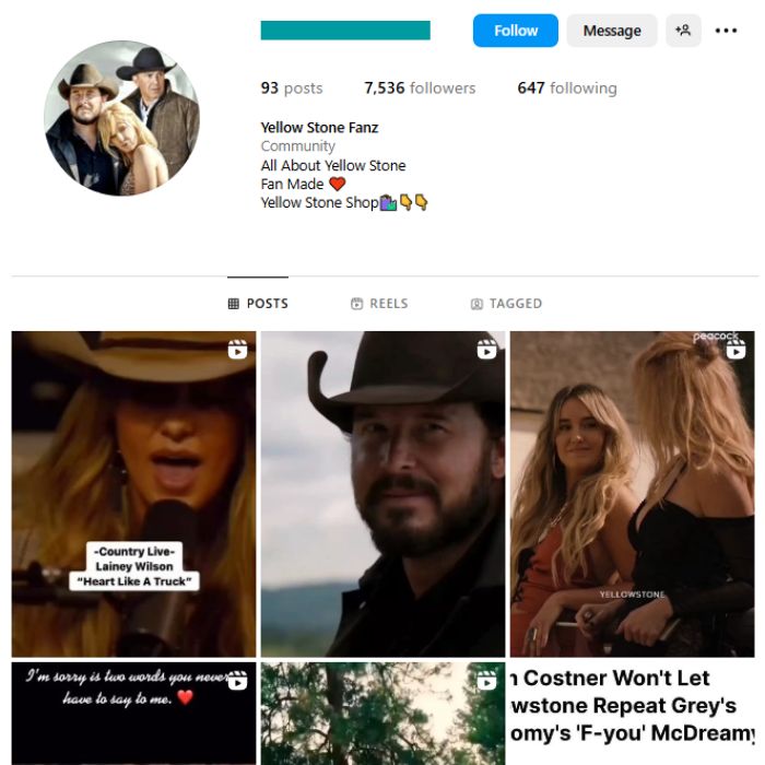 7K Yellowstone TV Show Instagram Account for sale