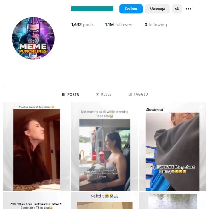 1.1M Memes Funny Videos Instagram Account for sale
