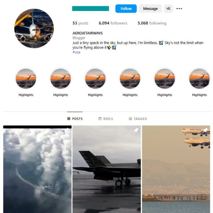 6K Jets Airplanes Instagram Account for sale