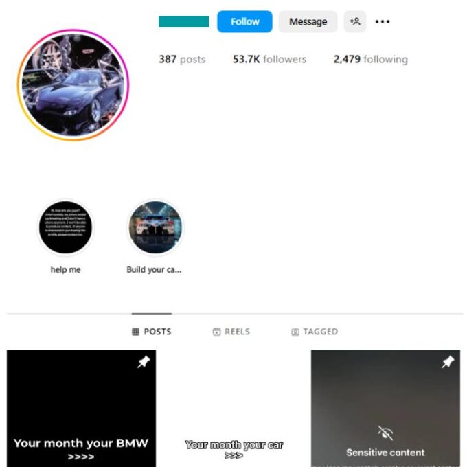 50K Automotive Cars FYP Instagram Account for sale