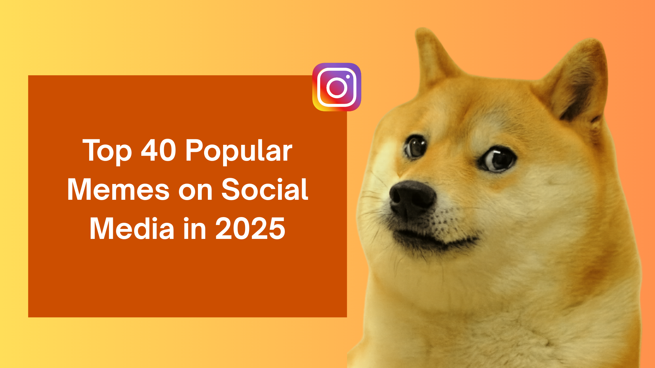 Image of the Doge meme dog on the right with a gradient orange background. On the left, a red box with white text reads: 'Top 40 Popular Memes on Social Media in 2025,' with a small Instagram logo above the text.