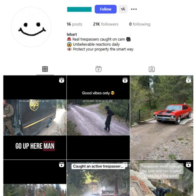 20K Security Trespassers Footage Instagram Account for sale