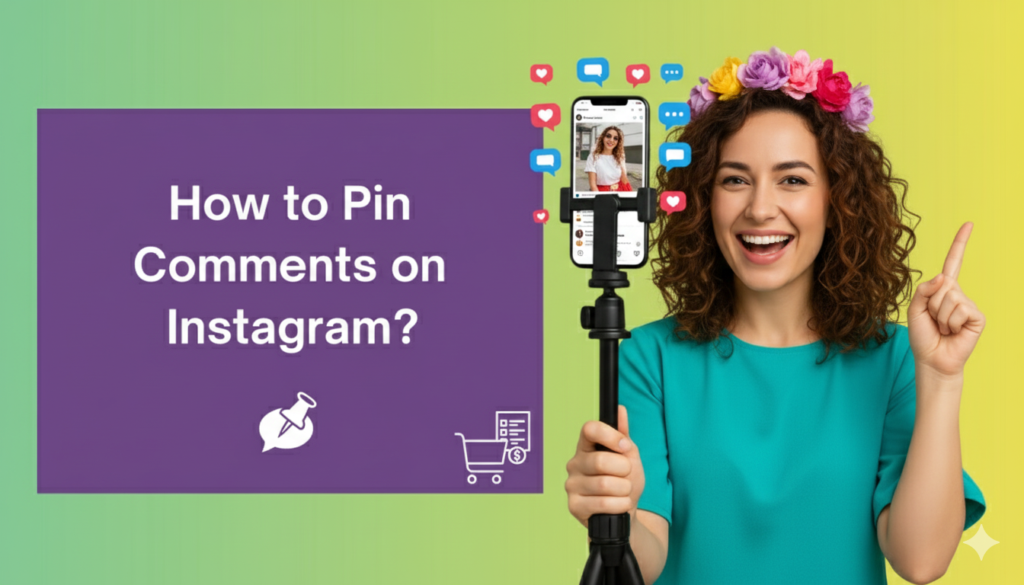 Smiling woman with flower crown holding a phone on a selfie stick, demonstrating how to pin comments on Instagram, with colorful social media icons and a tutorial title on a purple box.