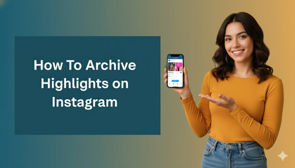 Smiling woman in a mustard sweater holds a phone showing Instagram while pointing to text that says ‘How To Archive Highlights on Instagram’ on a teal and gold gradient background.
