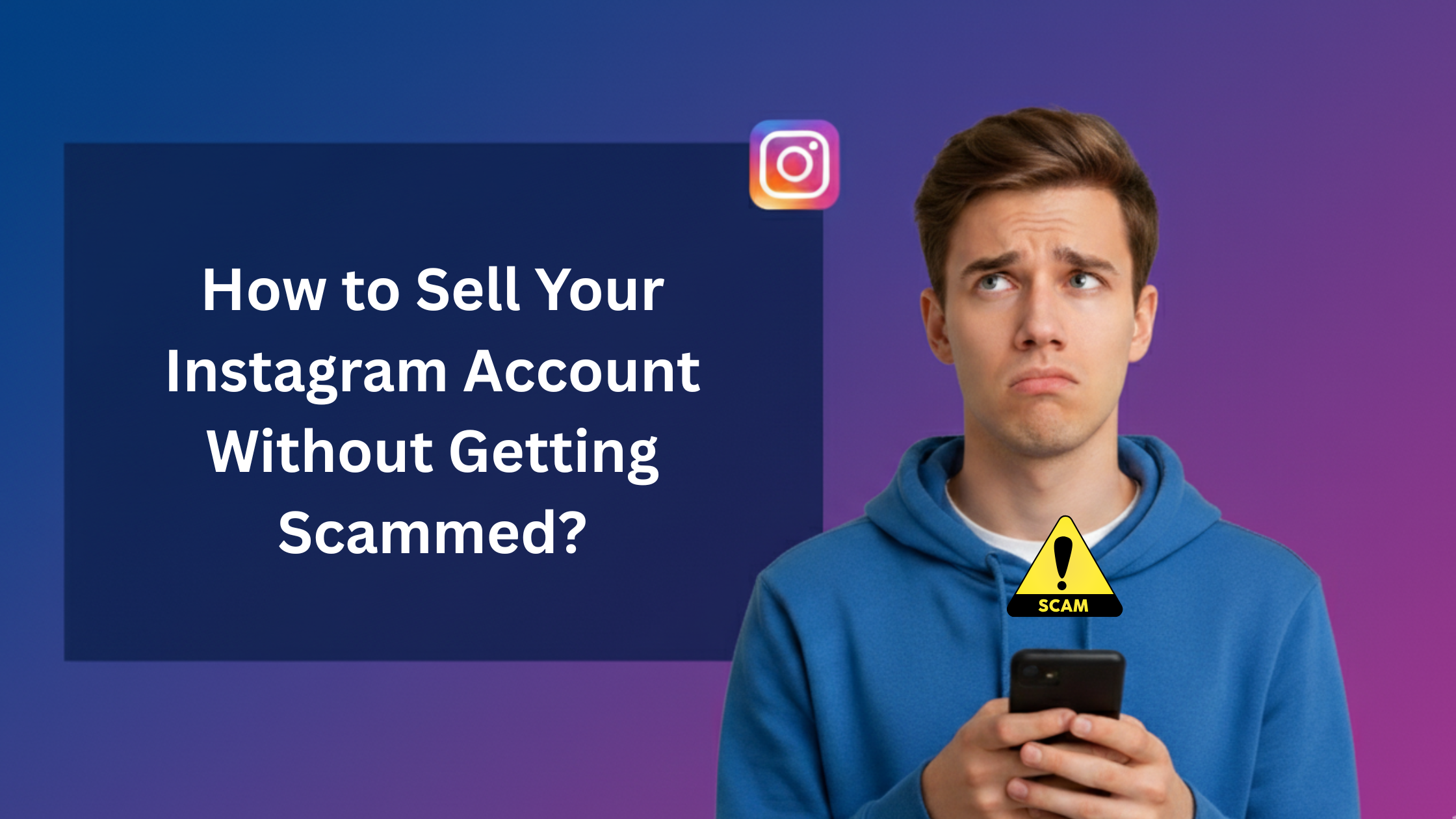 Worried man holding phone beside text “How to Sell Your Instagram Account Without Getting Scammed?” representing a blog cover about safe Instagram account selling tips.