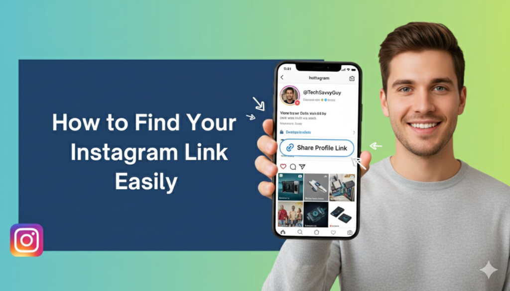 Man holding phone displaying Instagram profile with highlighted “Share Profile Link” option beside text “How to Find Your Instagram Link Easily,” tutorial graphic on sharing Instagram profile links.