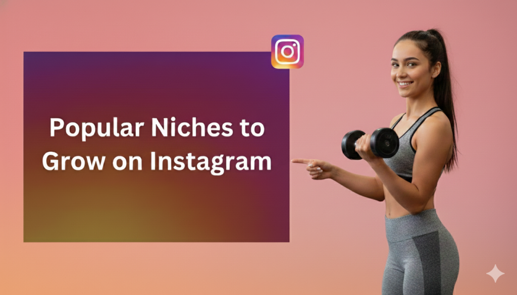 Fitness influencer holding dumbbell promoting popular Instagram niches for growth and monetization in 2025.