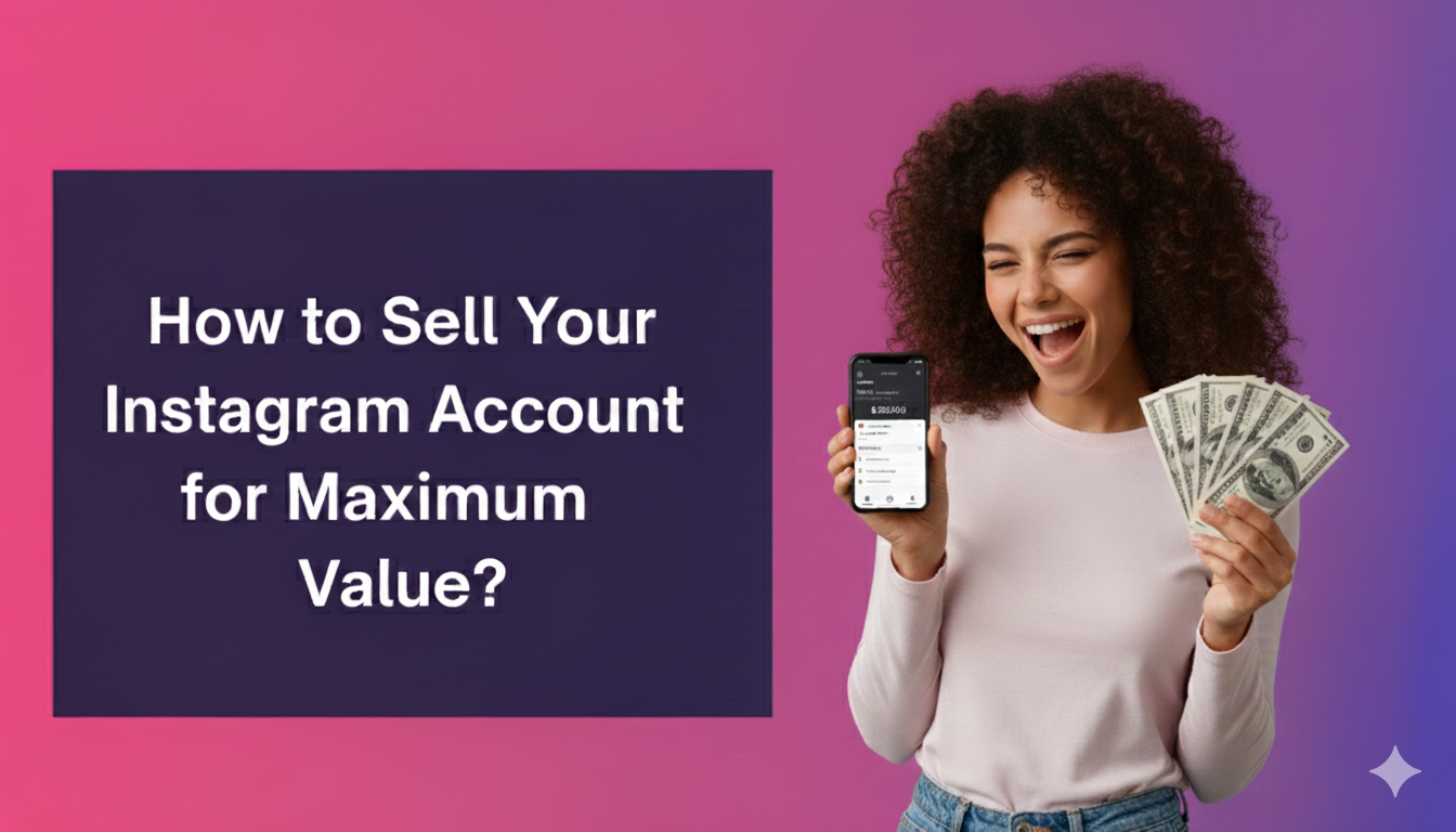 Smiling woman holding cash and showing a phone with Instagram stats, alongside text ‘How to Sell Your Instagram Account for Maximum Value?’ on a pink and purple gradient background.