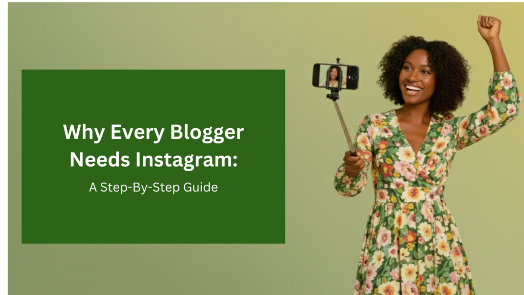 A cheerful African American woman with curly hair, wearing a green floral dress, stands against a soft green gradient background. She holds a selfie stick with a smartphone attached, recording herself with a smile while raising her other arm in a celebratory gesture. The phone screen shows a live preview of her recording