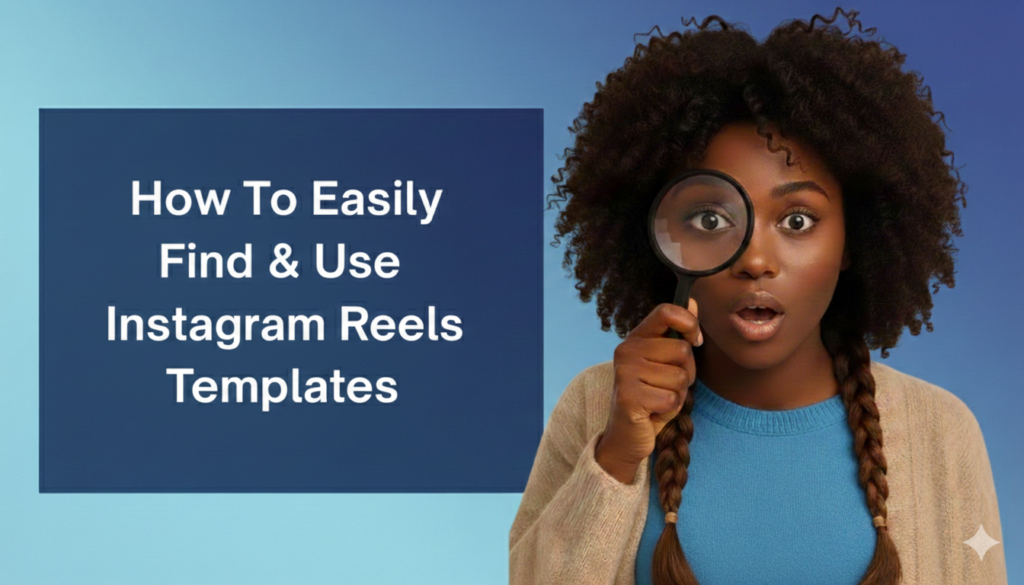 How to easily find and use Instagram Reels templates, illustrated with a creator holding a magnifying glass.