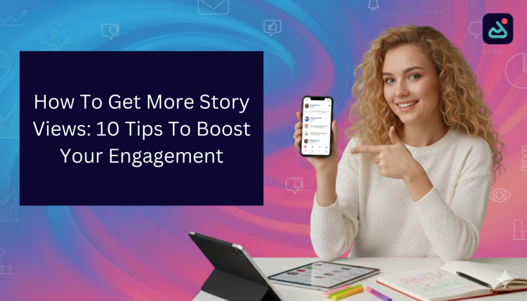 Smiling woman holding a smartphone and pointing at the screen beside a graphic that reads “How To Get More Story Views: 10 Tips To Boost Your Engagement,” with social media icons and a tablet and notebook on the desk.