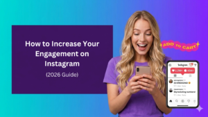 A blonde woman in a purple t-shirt smiles excitedly at her phone. An overlay of an Instagram interface shows high engagement numbers like "1.2M+" likes and comments saying "SO ENGAGING!". A dark purple text box on the left reads, "How to Increase Your Engagement on Instagram (2026 Guide)" against a turquoise and violet gradient background.