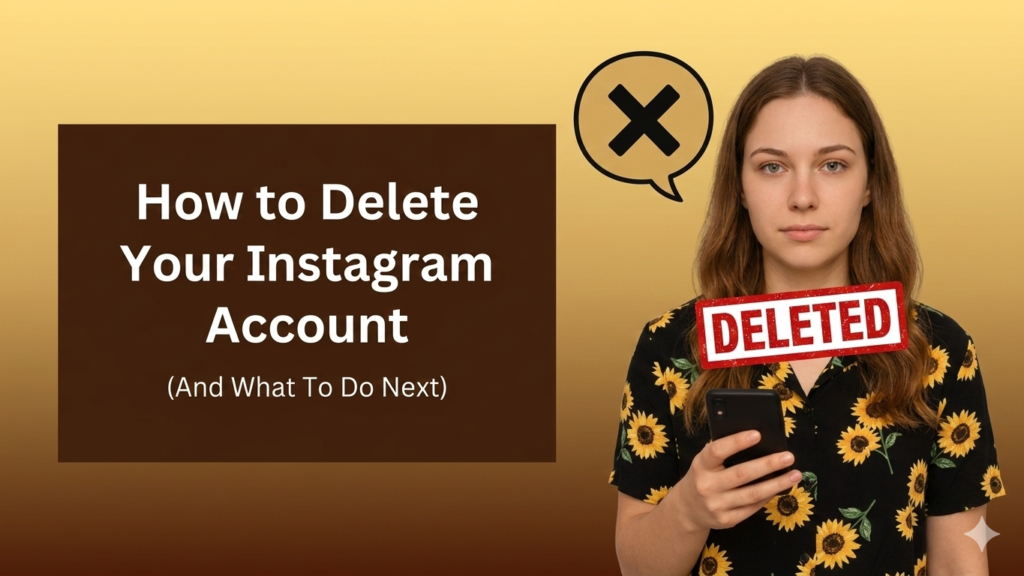 A blog banner with a brown and yellow gradient background. On the left, a dark brown text box displays the title "How to Delete Your Instagram Account" in white, with "(And What To Do Next)" written in smaller text below. On the right, a young woman with a neutral expression wears a black shirt featuring a yellow sunflower pattern and holds a smartphone. A speech bubble containing a black "X" icon appears above her head, and a red rectangular stamp with the word "DELETED" is positioned over her eyes.