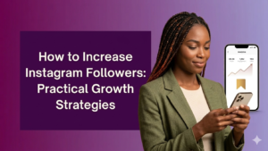 Gemini said A professional woman with long braids looks at an Instagram analytics screen on her smartphone. She is wearing a green blazer and stands against a vibrant purple gradient background. To the left, a dark purple text box displays the title: How to Increase Instagram Followers: Practical Growth Strategies.