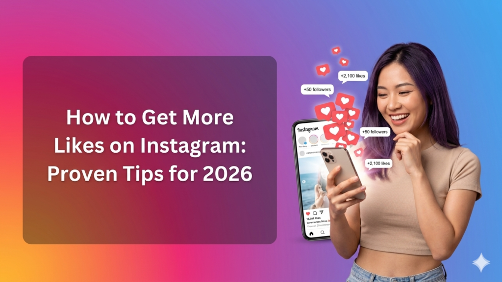 A young Asian woman with purple-tinted hair smiles while looking at her smartphone, which displays an Instagram interface with floating heart icons and notification bubbles like "+2,100 likes." To the left, a large dark purple text box on a pink and blue gradient background features the title: "How to Get More Likes on Instagram: Proven Tips for 2026.