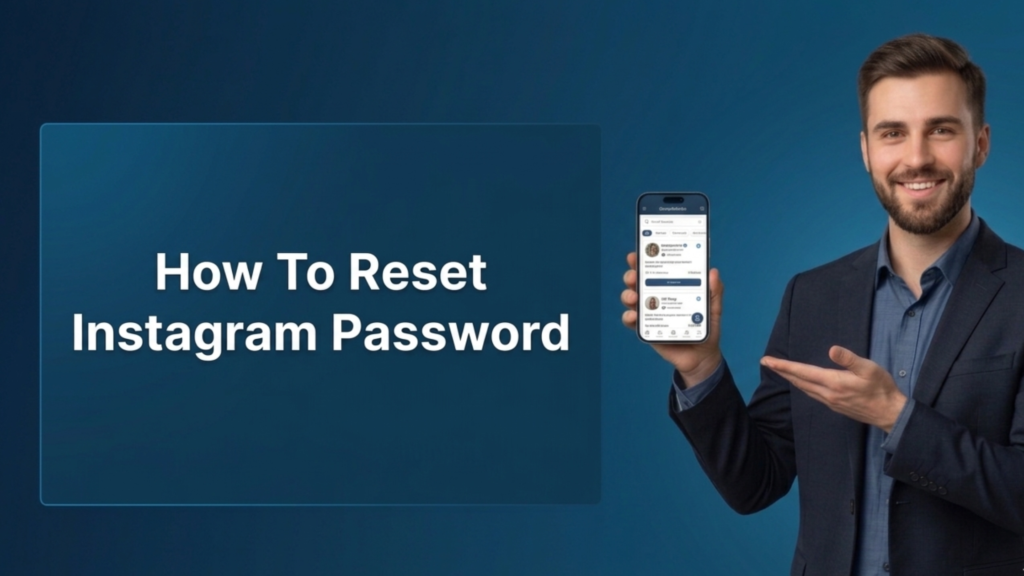 A professional blog banner with a clean, dark blue gradient background. On the left, a large, semi-transparent blue text box displays the heading How To Reset Instagram Password in white, bold, title-case font. To the right, a smiling man in a navy blue suit jacket and a light blue button-down shirt stands holding a modern smartphone. He points toward the phone screen, which displays a mobile interface showing various social media account profiles. In the bottom right corner, there is a small white four-pointed star icon.