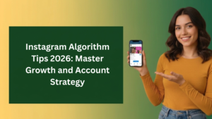 A young woman with long, dark hair and a yellow long-sleeved shirt smiling while holding up a smartphone in her right hand and gesturing toward a large dark green textbox with her left. The background is a smooth gradient transitioning from yellow on the left to green on the right. Inside the green textbox, white text reads: Instagram Algorithm Tips 2026: Master Growth and Account Strategy.