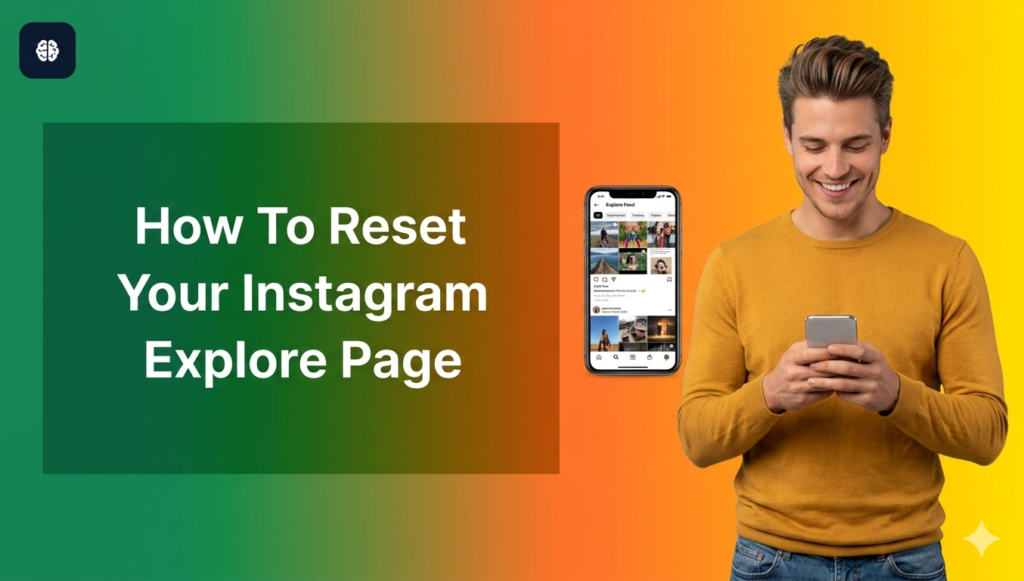 A promotional blog banner with a vibrant gradient background transitioning through shades of deep green, orange, and bright yellow. On the left side, a dark green rectangular overlay displays the text "How To Reset Your Instagram Explore Page" in clean, bold white lettering. On the right side, a smiling young man in a mustard yellow long-sleeved shirt looks down happily at his smartphone, which displays an open Instagram explore feed grid. A floating smartphone mockup next to him also clearly shows the Instagram explore page layout. The design is modern, bright, and clean, with a small brain icon in a square in the top left corner.