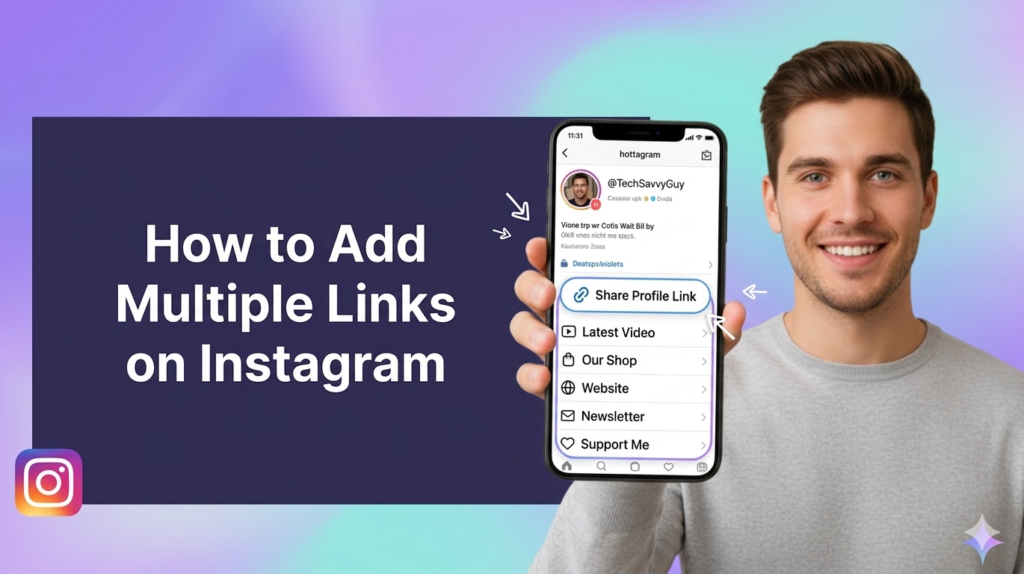 A professional marketing banner for a blog post featuring a smiling young man in a gray sweater holding up a smartphone. The phone screen displays an Instagram profile with a multi-link bio setup, including buttons for a latest video, shop, website, and newsletter. To the left, a large dark blue text box prominently displays the title How to Add Multiple Links on Instagram in white sans-serif font. The overall background is a soft, smooth gradient of purple and teal, with a small Instagram logo in the bottom-left corner and white illustrative arrows pointing toward the phone screen.