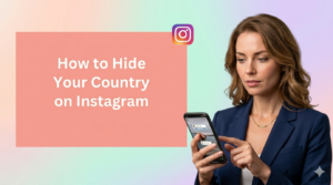 A Caucasian woman with wavy brown hair is looking down intently at her smartphone, using her index finger to tap the screen. She is wearing a dark blue blazer and a gold necklace. To her left, a solid light coral-pink rectangle features bold white text that reads, How to Hide Your Country on Instagram. The colorful Instagram logo icon floats just above the top right corner of the text box. The entire scene is set against a soft, bright pastel gradient background that smoothly blends shades of cream, green, blue, and purple.