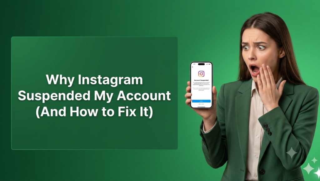 A professional marketing banner with a bright green gradient background. On the left, a large, dark green solid rectangular textbox displays the bold white text: "Why Instagram Suspended My Account (And How to Fix It)". On the right, a shocked young woman wearing a dark green blazer holds up a smartphone displaying an "Account Suspended" screen with the Instagram logo, her mouth wide open and hand to her face in disbelief.