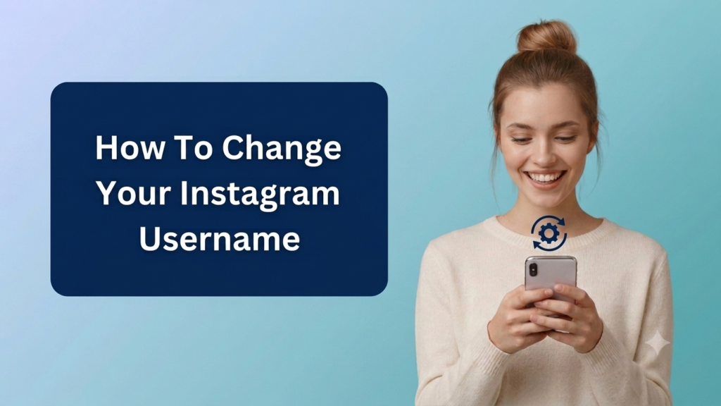 A horizontal digital banner set against a soft, gradient background transitioning from pastel blue to a slightly darker turquoise blue. On the left side, a prominent dark blue rectangular card with rounded corners displays the text "How To Change Your Instagram Username" in a clean, bold white font. On the right side, a happy young woman with her hair styled in a high bun is looking down at her smartphone with a bright smile. Hovering just above her phone is a small dark blue icon depicting a gear wrapped in circular refresh arrows, symbolizing a setting change or update.