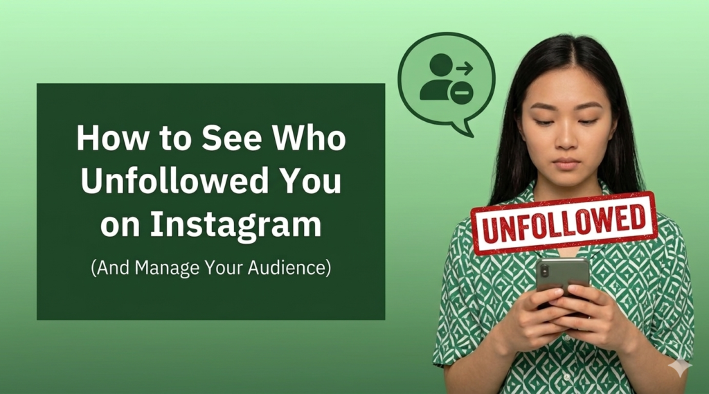 A professional digital blog banner with a soft green gradient background. On the left side, a large, dark green rectangular box displays the text "How to See Who Unfollowed You on Instagram" and "(And Manage Your Audience)" in a clean white sans-serif font. On the right side, an Asian woman with long dark hair, wearing a green and white patterned short-sleeved shirt, looks down intently at her smartphone. Floating above her shoulder is a dark green speech bubble containing an icon of a person silhouette with an arrow pointing to a minus sign, symbolizing an unfollow action. A red, textured rectangular stamp reading "UNFOLLOWED" in bold white capital letters is positioned across the center, overlaying the front of her shirt and phone. The bottom right corner is completely clear, showing only the smooth green background gradient.