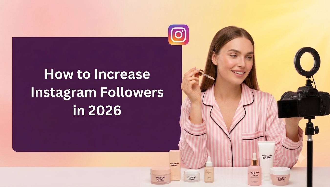 A digital banner for content creators with a pink and light yellow gradient background. On the left, a large, dark purple rectangular text box contains the center-aligned white text: "How to Increase Instagram Followers in 2026". An Instagram icon floats just above the box. On the right, a smiling young woman with long brown hair, wearing pink and white striped pajamas, acts as a content creator. She holds a skincare dropper bottle near her face while looking toward a professional camera and ring light mounted on a tripod. In front of her on a white counter are various pastel-colored skincare product bottles and jars.