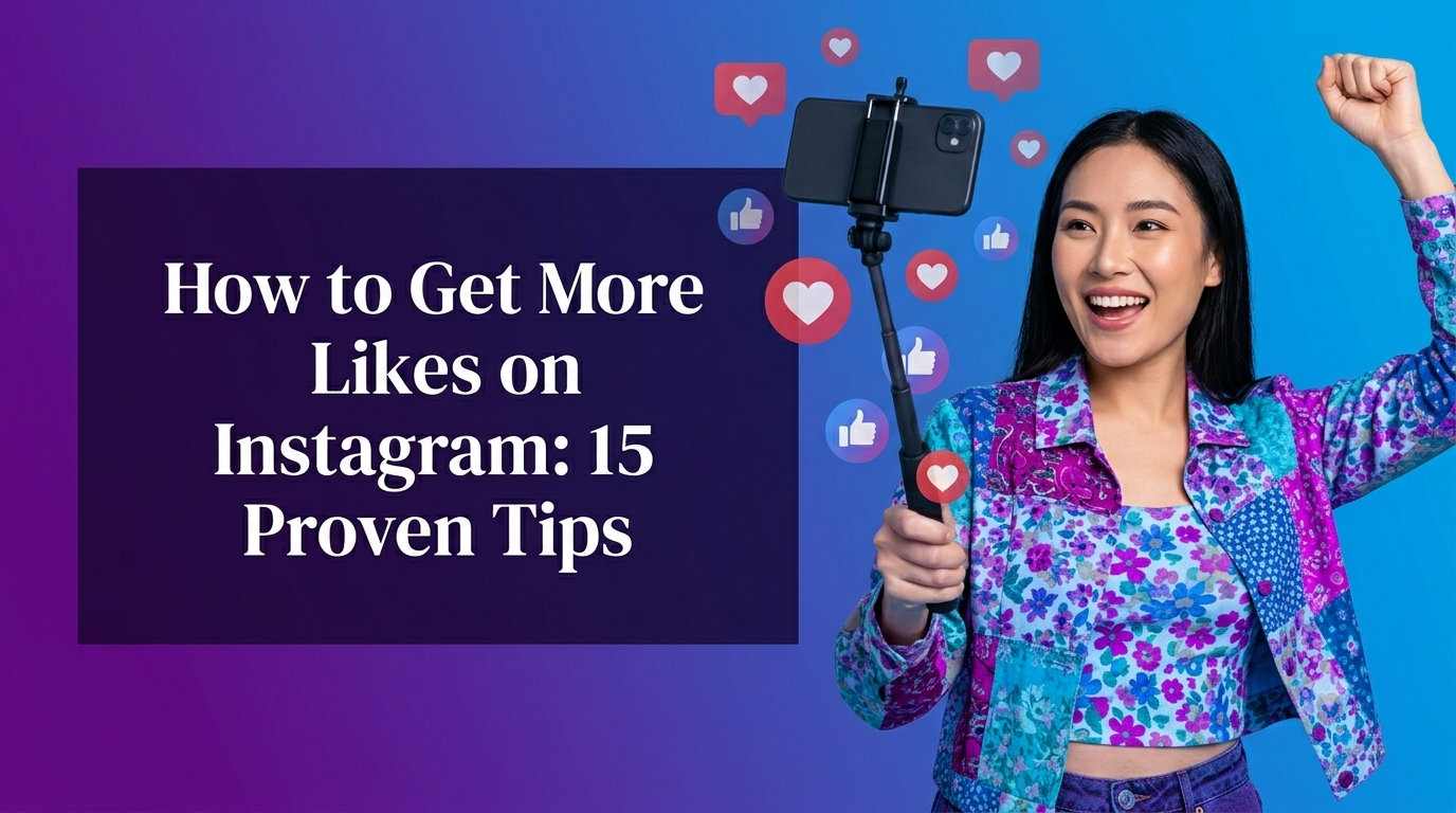 A digital marketing banner featuring a young Asian woman with long, straight, open hair, smiling and celebrating with an uplifted fist while holding a smartphone on a selfie stick. She is dressed in a vibrant blue, purple, and magenta floral patchwork jacket and matching top, set against a gradient background transitioning from deep purple to bright blue. Flurries of floating red heart icons and blue thumbs-up "like" bubbles emerge from around the phone. On the left side, a dark purple rectangular overlay contains the white, bold text: "How to Get More Likes on Instagram: 15 Proven Tips".
