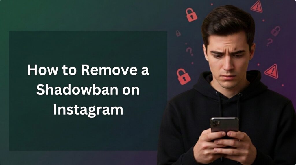 A digital banner featuring a concerned young man in a black hoodie looking down intently at his smartphone. On the left side, against a dark green gradient box, white text reads: "How to Remove a Shadowban on Instagram." The background behind the man is dark purple, subtly decorated with floating red lock and warning icons.