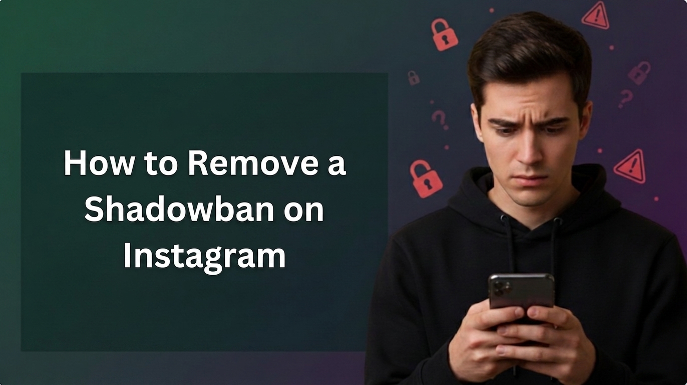 A digital banner featuring a concerned young man in a black hoodie looking down intently at his smartphone. On the left side, against a dark green gradient box, white text reads: "How to Remove a Shadowban on Instagram." The background behind the man is dark purple, subtly decorated with floating red lock and warning icons.