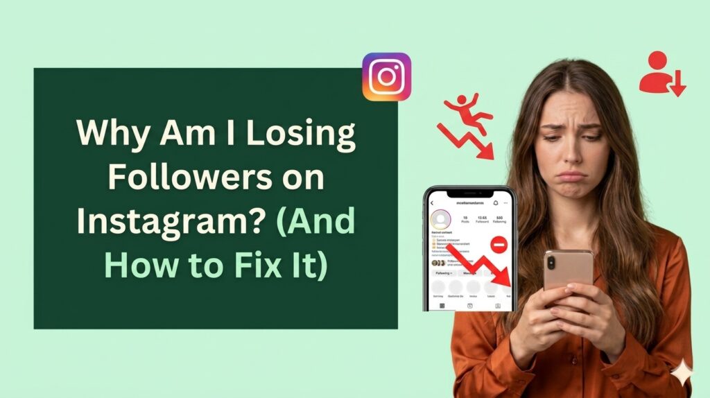 Banner with a soft pastel green background featuring a dark green text box on the left containing the bold white and light green text, "Why Am I Losing Followers on Instagram? (And How to Fix It)". On the right, a young woman with a sad expression looks down at her smartphone displaying an Instagram profile screen, accompanied by red downward trend arrows and losing-follower icons.