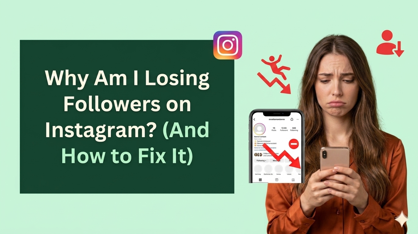 Banner with a soft pastel green background featuring a dark green text box on the left containing the bold white and light green text, "Why Am I Losing Followers on Instagram? (And How to Fix It)". On the right, a young woman with a sad expression looks down at her smartphone displaying an Instagram profile screen, accompanied by red downward trend arrows and losing-follower icons.
