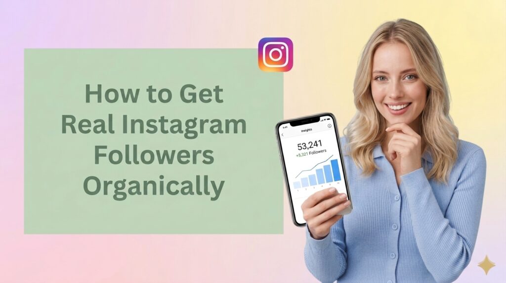 A horizontal promotional graphic on a soft pastel gradient background with the Instagram logo near the top center. On the left, a light green box contains the dark green text: "How to Get Real Instagram Followers Organically." On the right, a smiling blonde woman in a light blue cardigan holds a smartphone towards the viewer, looking directly into the camera. The phone screen displays an Instagram analytics graph showing follower growth to 53,241.