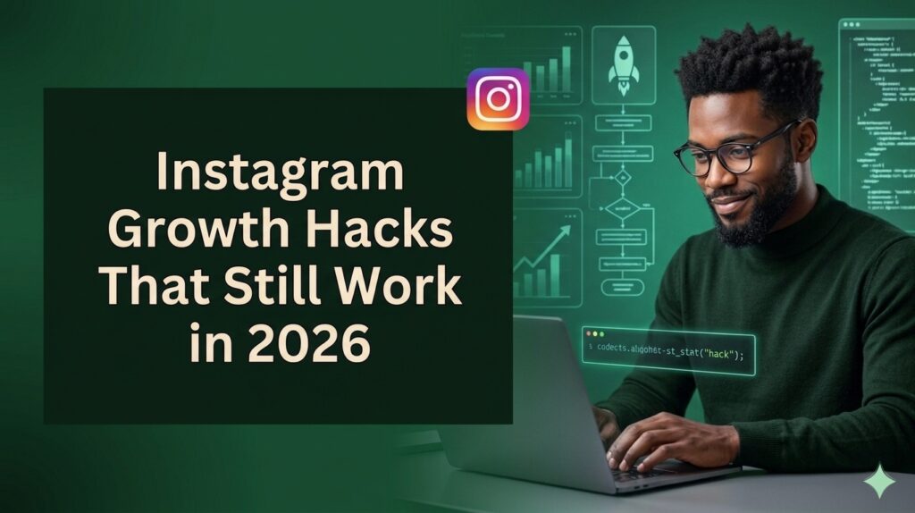 A horizontal banner with a dark green color palette. On the left, a dark green block displays cream-colored text reading "Instagram Growth Hacks That Still Work in 2026," with the colorful Instagram logo positioned above its top right corner. On the right, a Black man with glasses and a short beard wears a dark green sweater while smiling at his laptop screen. Digital tech elements—including line-art flowcharts, growth graphs, code overlays, and a glowing green code terminal box—float in the background around him.