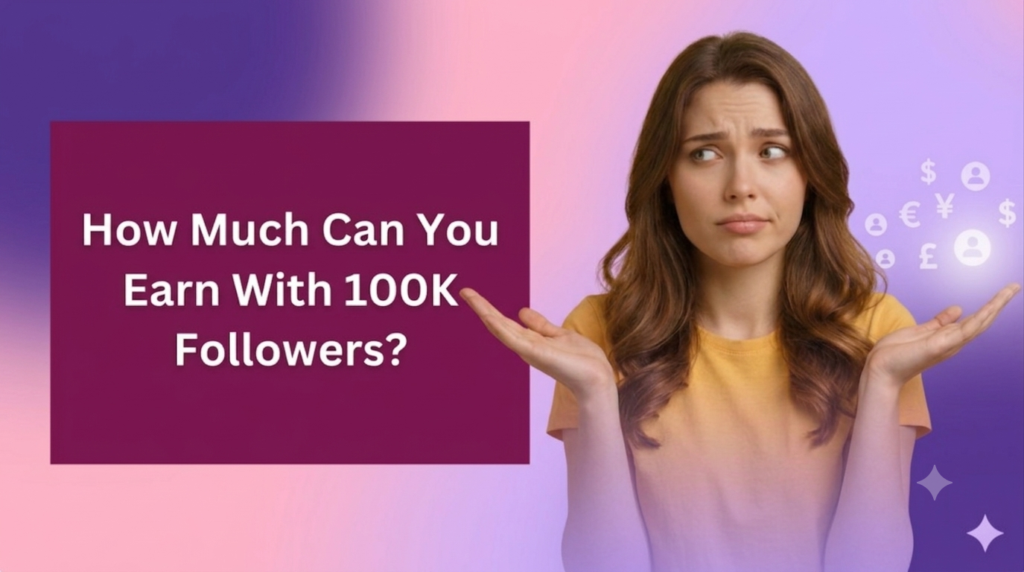 A banner for SwapSocials titled "How Much Can You Earn With 100K Followers?" against a purple and pink gradient background. The banner features a young woman with long brown hair, wearing a yellow t-shirt, shrugging her shoulders with a look of uncertainty. She is looking at a cloud of social media profile icons and various currency symbols (dollar, yen, euro, pound), illustrating the variability of potential earnings. A small star icon is in the bottom right corner.