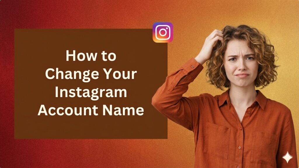 A banner image with a textured red-to-yellow gradient background features a confused young Caucasian woman with short, curly auburn hair scratching her head on the right. She wears an orange button-down shirt. On the left, a brown rectangle displays the white text: "How to Change Your Instagram Account Name," with a small Instagram logo icon floating above and to the right of the rectangle. A small, white sparkling star is in the bottom-right corner.