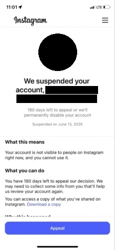 Instagram Ban We suspended your account.