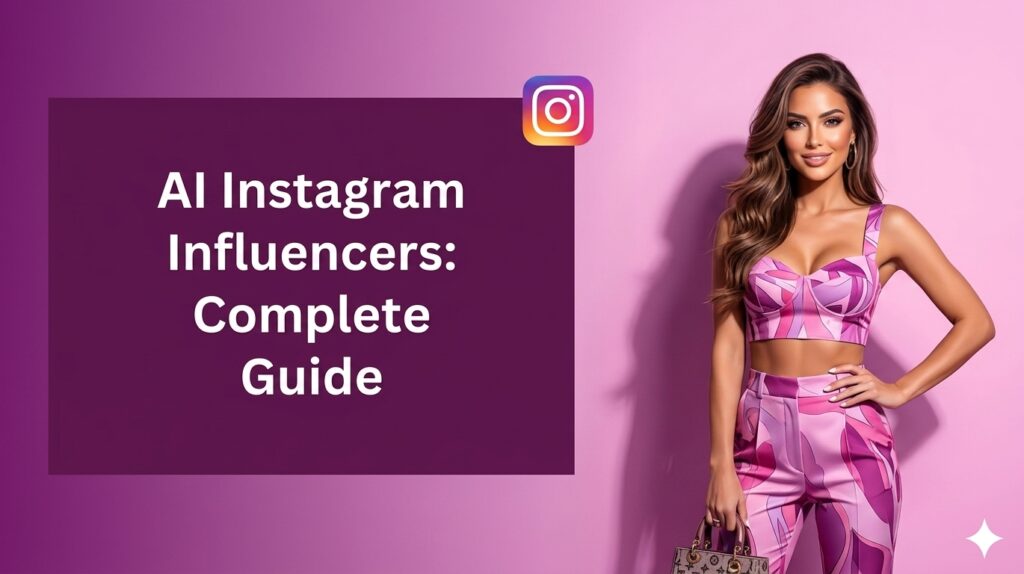 A graphic banner set against a light pink and purple background. On the left, a dark purple rectangular overlay contains bold white text reading "AI Instagram Influencers: Complete Guide" alongside a colorful Instagram logo icon. On the right, a stylish lifestyle influencer with long brown hair poses confidently in a matching pink and purple patterned crop top and trousers, holding a handbag.
